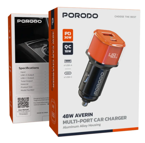 Porodo 48W Averin Multi-Port Car Charger with Aluminum Body - Orange