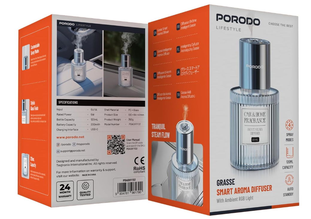 Porodo Lifestyle Grasse Smart Aroma Diffuser 5W, 4 Customizable Spary Mode, 120ml Capacity, RGB Light, Auto Standby, 200mAh Battery, Stylish Glass Finish, Car & Home Fragrance