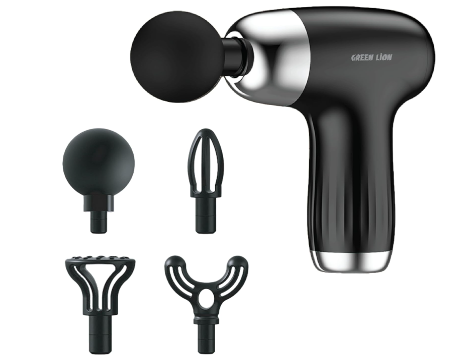 Green Lion Mini Massage Gun, 4×Massage Heads, 6×Speed Levels, 2Hrs Working Time, Deep Tissue Massager, Pain Relief, Portable Handheld Electric Body Massager for Neck/Shoulders/Back/Arms/Legs - Black