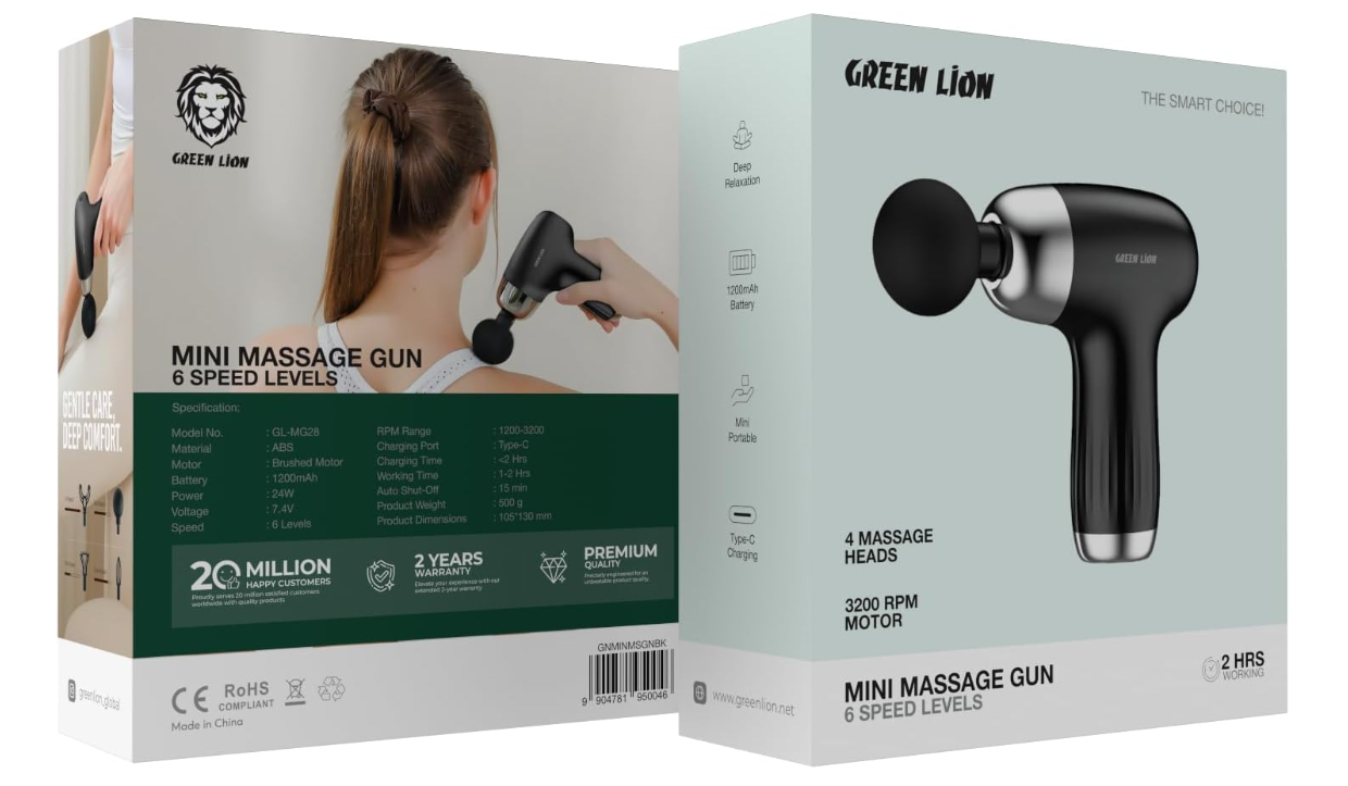 Green Lion Mini Massage Gun, 4×Massage Heads, 6×Speed Levels, 2Hrs Working Time, Deep Tissue Massager, Pain Relief, Portable Handheld Electric Body Massager for Neck/Shoulders/Back/Arms/Legs - Black