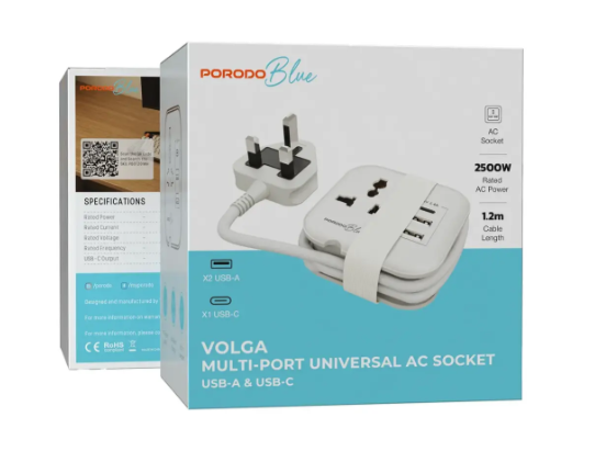 Borrodo Blue Volga Multiport Universal Power Socket with USB-A and C Ports - White