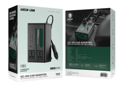 Green Lion GC-300 7-in-1 Multi-Port Car Adapter with DC to AC & DC 12.8V Conversion - Black