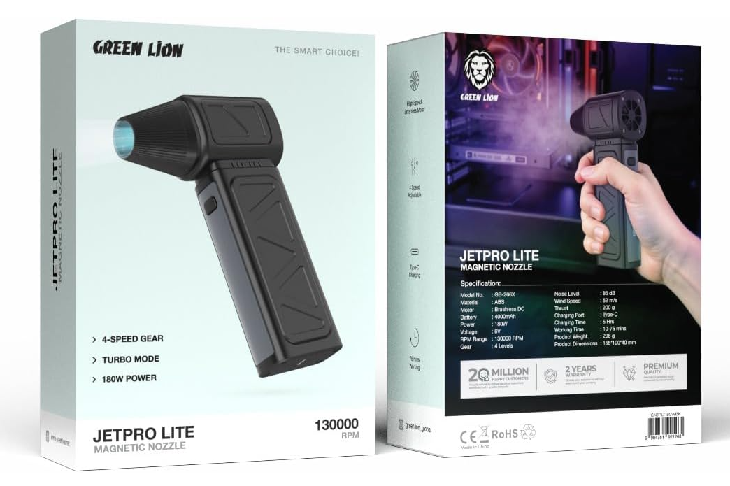 Green Lion Jet Pro Lite Magnetic Nozzle 130000 RPM, 4000mAh, Type-C Charging Port, 5 Hrs Charging Time, 4 Levels Gear, 180W Power, 85 dB Noise Level - Black