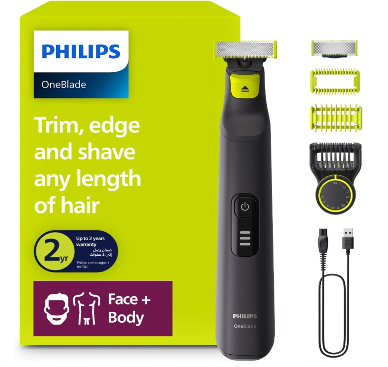 Philips OneBlade Pro Face + Body QP6542/10, Hybrid Trimmer and Shaver with 12-Length Precision Comb, Waterproof, 90 Min Cordless Use