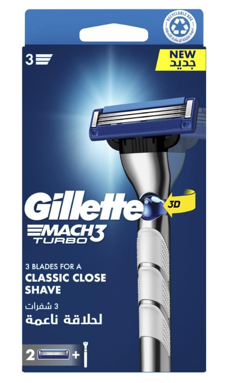 Gillette Mach3 Turbo Men's Refillable Razor: Handle + 2 Blade Refills
