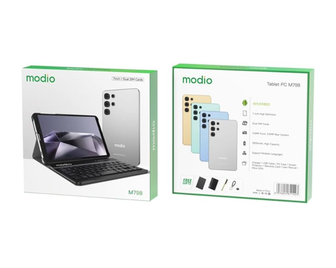 Modio M798 Android Tablet, 7-inch HD Display, 6GB RAM, 256GB Storage, WiFi, Dual Camera, Keyboard & Mouse Included