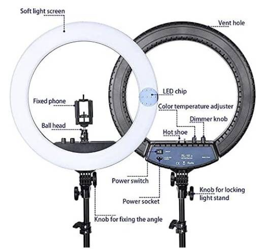 RL-18 LED Soft Ring Light, 3200K-5600K Color Temperature, Adjustable Brightness, Three Holders, USB Powered, Remote Included, White | RL18
