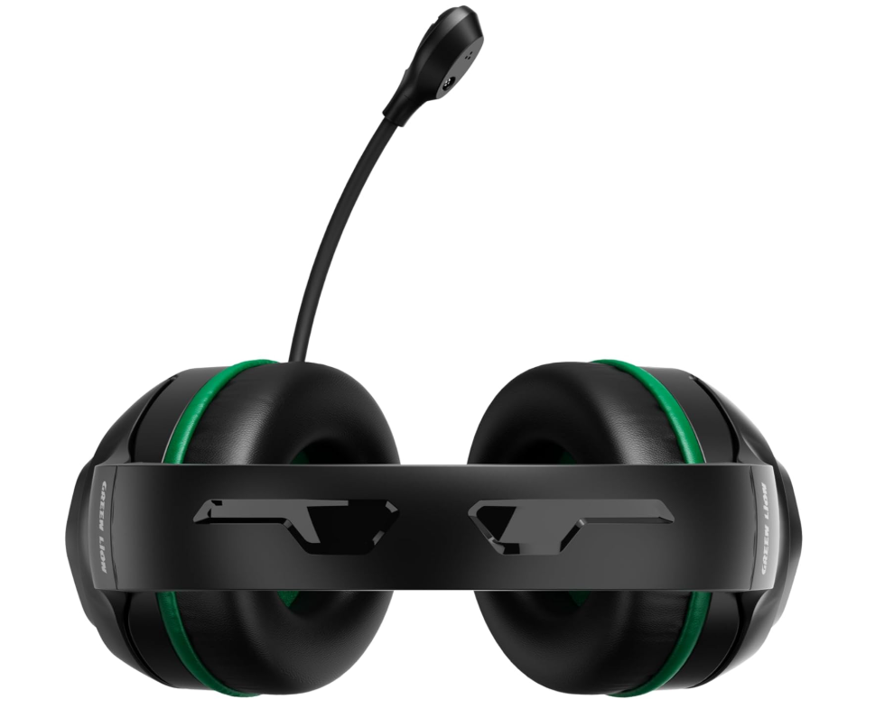 Green Lion Runner Wired Gaming Headphones, Over Ear Headset with Fold-Away Microphone, 40mm Dynamic Drivers, 1.8m Braided 3.5mm AUX Cable, In-Line Audio Controls and PU Leather Ear Cushions