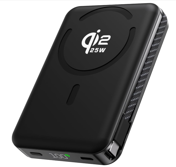 KU XIU Qi2.2 25W Solid-State Magnetic Portable Charger, for Magsafe 10000mAh Battery Pack, Built-in USB-C Cable Fast Charging Stand for iPhone 17/16/15/14/13 Pro Max, Black