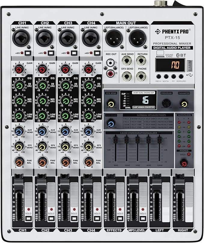 Professional DJ Mixer, Phenyx Pro Sound Mixer w/USB Audio Interface, 4-Channel Sound board Audio Mixer w/Stereo Equalizer, 16 DSP Effects, Ideal for Stage, Live Gigs, and Karaoke (PTX-15)