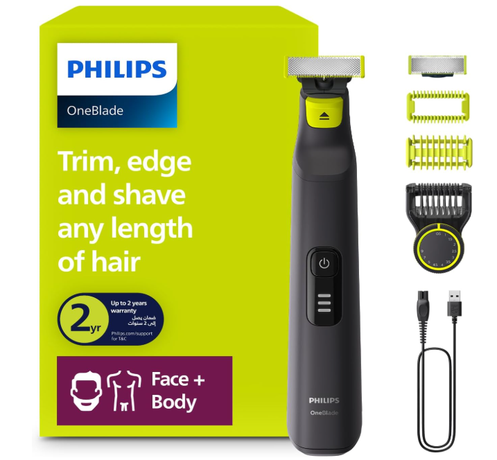 Philips OneBlade Pro Face + Body QP6542/10, Hybrid Trimmer and Shaver with 12-Length Precision Comb, Waterproof, 90 Min Cordless Use