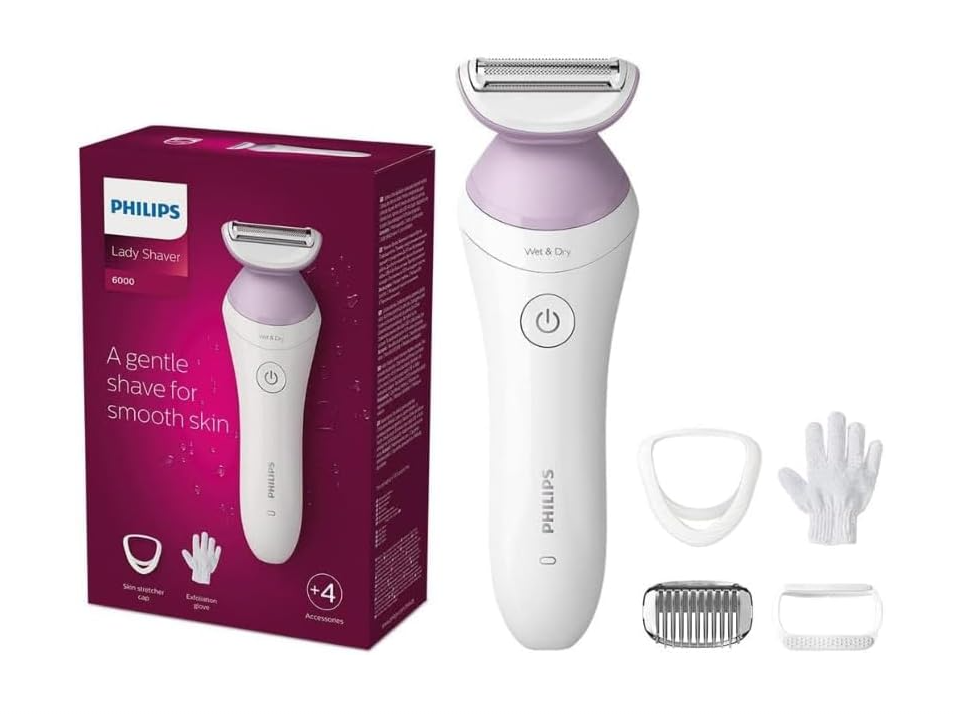 Philips Lady Shaver Series 6000, Single Foil Shaver - Wet & Dry, Cordless - Includes 4 attachments (trimming comb, soft glide cap, skin stretcher, exfoliation glove)