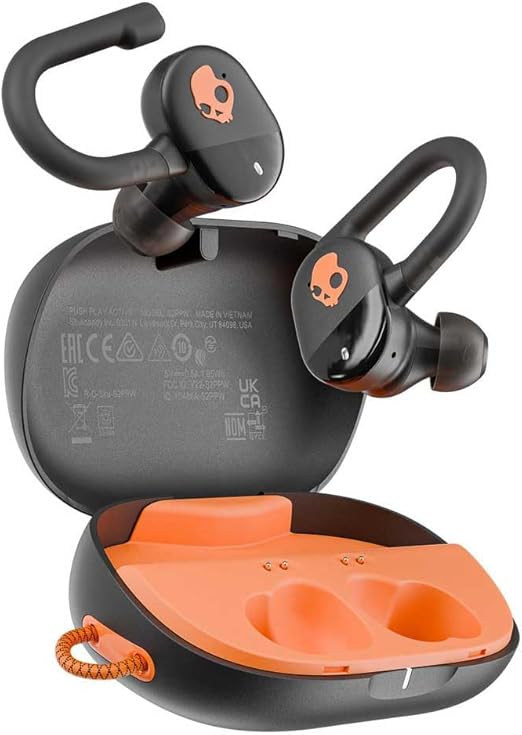 Skullcandy Push Play Active in-Ear Wireless Earbuds, 34 Hr Battery, Stay-Aware Mode, Microphone, Works with iPhone Android and Bluetooth Devices - True Black/Orange