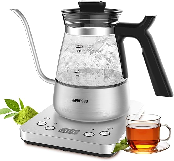 LePresso BrewWave Gooseneck Electric Kettle, 0.8L Glass & Stainless Steel Pour Over Kettle, Digital Temperature Control (50-100°C), 1300W Rapid Heating, 1H-6H Timer & 60Min Keep Warm Feature - Silver