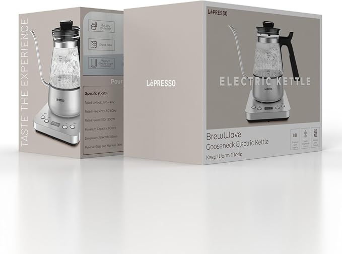LePresso BrewWave Gooseneck Electric Kettle, 0.8L Glass & Stainless Steel Pour Over Kettle, Digital Temperature Control (50-100°C), 1300W Rapid Heating, 1H-6H Timer & 60Min Keep Warm Feature - Silver