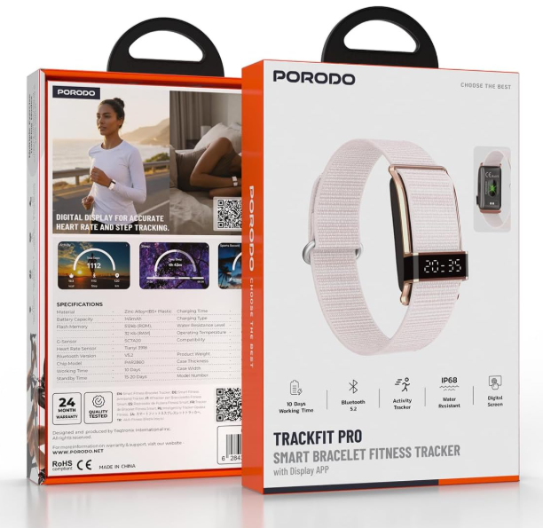 Porodo Trackfit Pro Smart Bracelet Fitness Tracker with App Support, Activity & Sleep Tracker with Heart Rate, Health & Fitness Wearable Pink