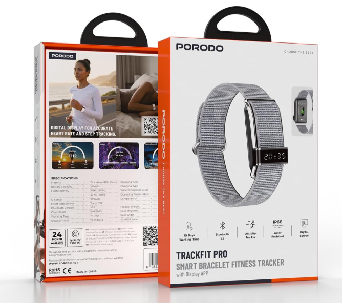 Porodo Trackfit Pro Smart Bracelet Fitness Tracker with App Support, Activity & Sleep Tracker with Heart Rate, Health & Fitness Wearable Silver