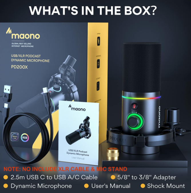 MAONO PD200X USB/XLR Dynamic Mic for Singing, PC, YouTube Recording. Professional Microphone with Programmable Software and 0-Latency Monitoring, Volume Control, Tap-to-Mute and Shock Mount, Black