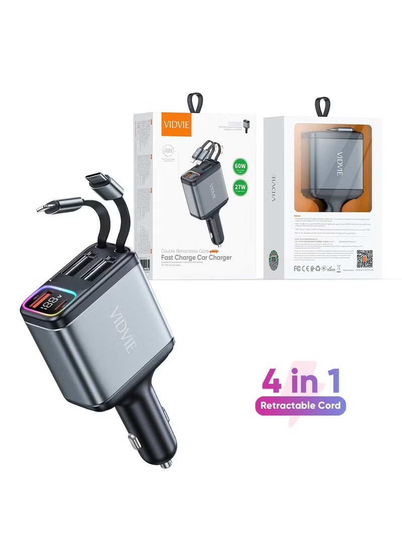 VIDVIE CC539 4-in-1 60W Fast Car Charger with Dual Retractable Cables