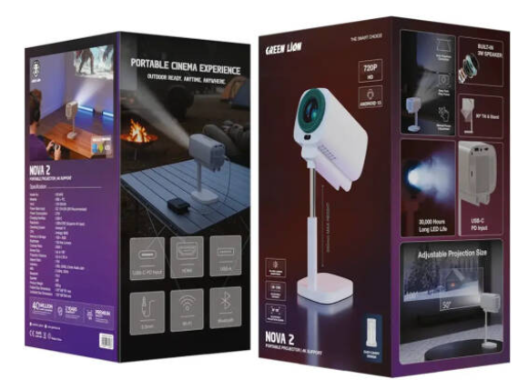 Green Lion Nova 2 Portable Projector, 4K Support, Compact LED Home Cinema Projector, Keystone Correction, Built in Speaker, Tripod Compatible, HDMI/USB Connectivity, White