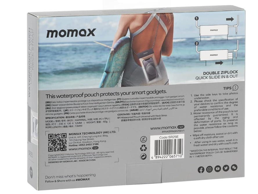 MOMAX Waterproof Pouch Universal With Neck Strap For Smartphones (Gray)