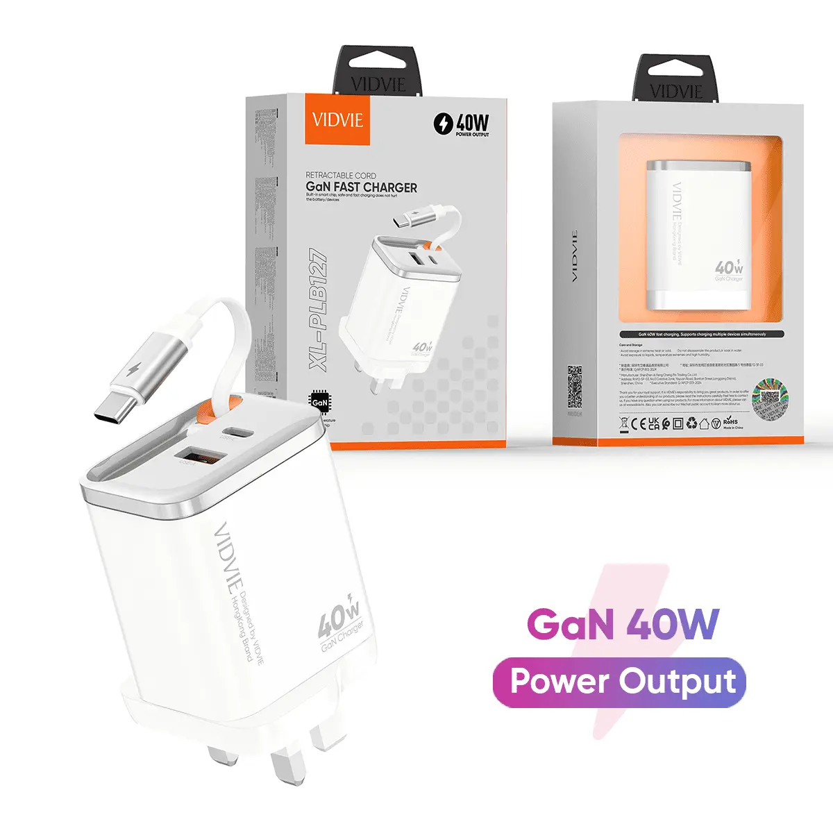 Wall Charger  XL-PLB127  Retractable Cord GaN Fast Charger