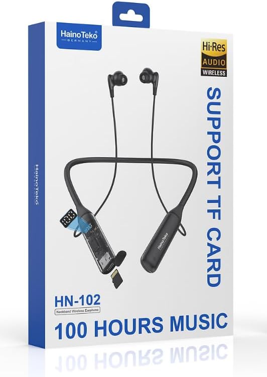 HainoTeko HN-102 Neckband Wireless Earphones with TF Card Support Hi-Res Audio Up to 100 Hours Music Playback and Microphone Black