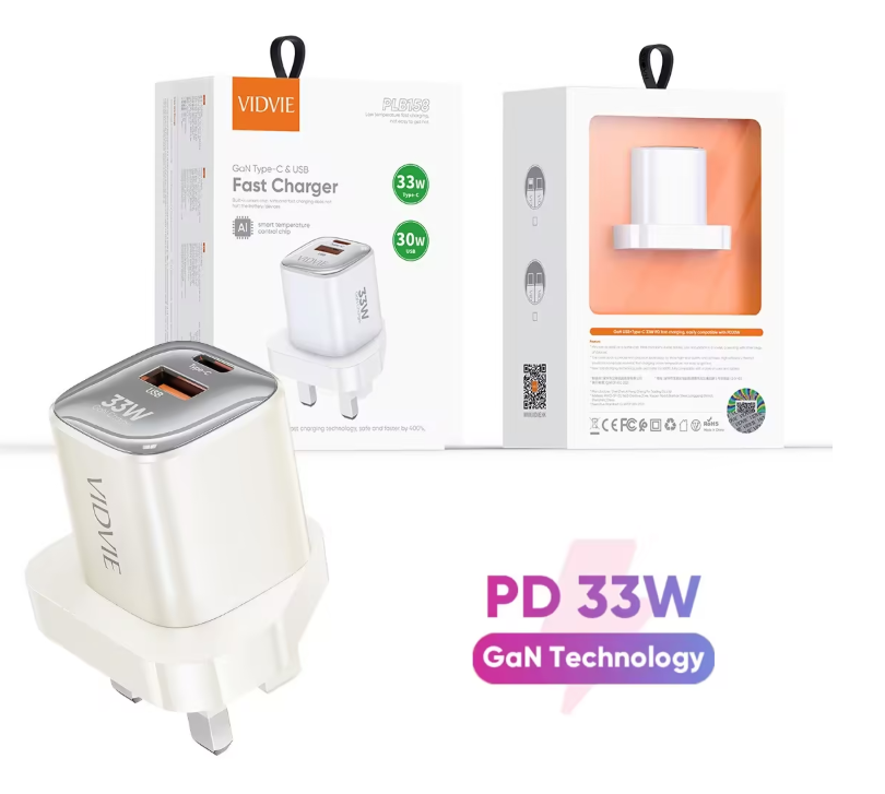 VIDVIE PLB158 33W GaN Dual-Port Fast Wall Charger (USB-C PD + USB-A) – White