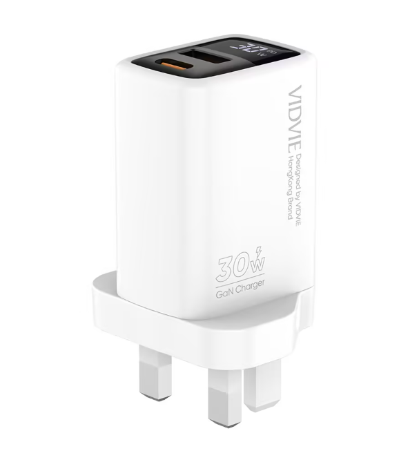 VIDVIE PLB177 30W GaN Fast Wall Charger with LED Power Display (USB-C PD + USB-A) – White
