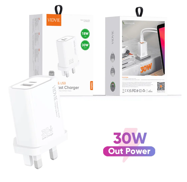 VIDVIE PLB182 30W GaN Fast Wall Charger USB-C PD & USB-A Dual Port - White
