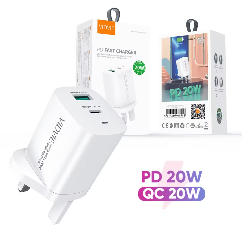 VIDVIE PLB148 20W Dual-Port PD Fast Wall Charger (USB-C + USB-A)