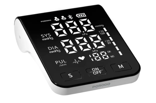 Porodo LiveOn Digital Blood Pressure Monitor – Upper Arm BP Monitor with Dual-User Memory, LED Display, Voice Guidance & USB-C (White)