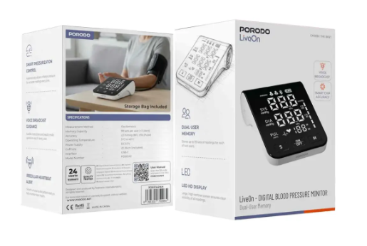 Porodo LiveOn Digital Blood Pressure Monitor – Upper Arm BP Monitor with Dual-User Memory, LED Display, Voice Guidance & USB-C (White)