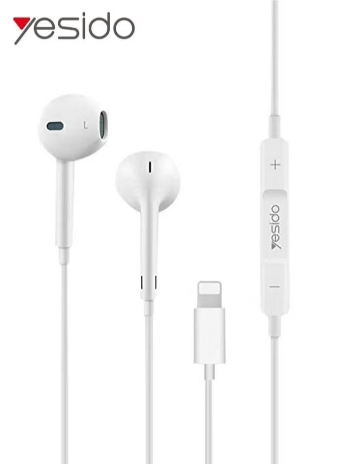 YH50 Wired Lightning Jack Earphones in White – Deep Bass, Clear Microphone, and Multi-Functional Inline Remote for Hands-Free Use