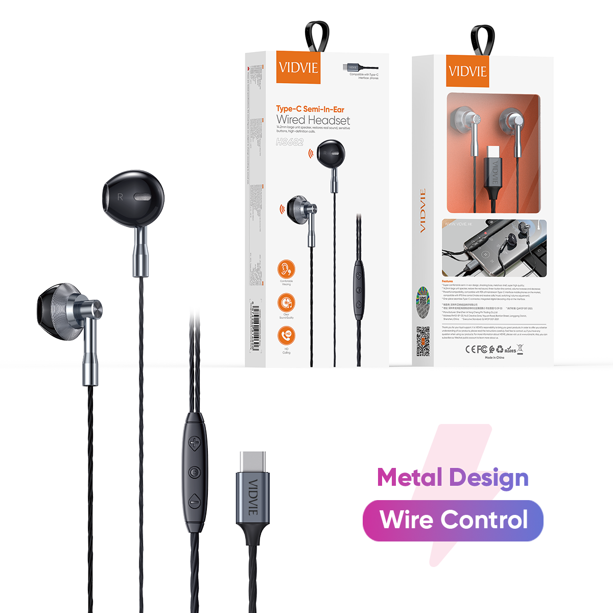 HS682 Type-C Semi-In-Ear Wired Headset (Black)