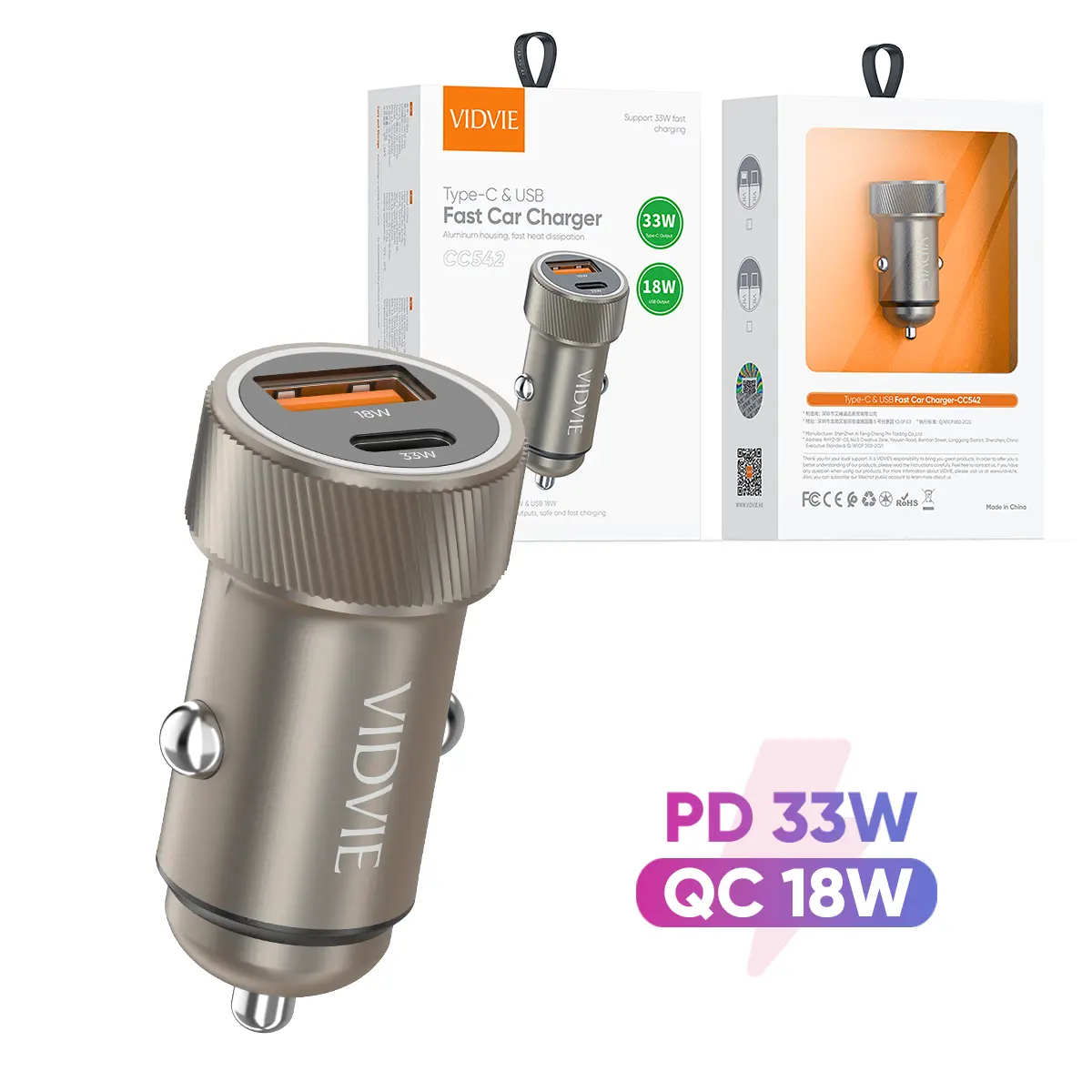 Type -C & USB Fast Car Charger - Type -C [TC-TC] Metal Car Charger - Grey
