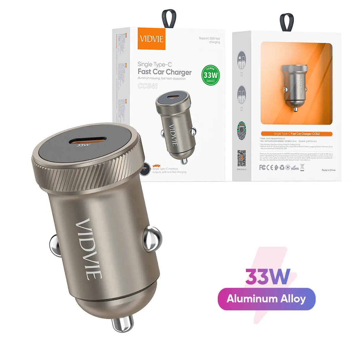 Single Type-C Fast Car Charger TC-TC (100CM/60W) - Grey - Vidvie