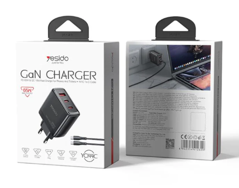 Yesido YC144C 65W Three-port Fast Charger with 1m Type-C Cable, Plug:EU Plug(Black)