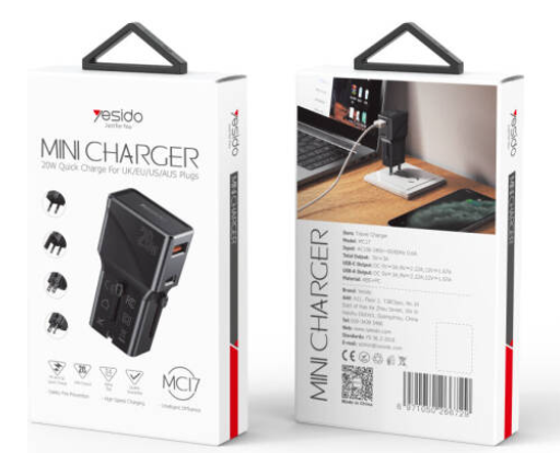 Yesido MC-17 4 In 1 Universal Charger, QC3.0+20W Fast Charging, 20W Max Output, UK/US/EU/AU Pin Charging, PC Fireproof Material, Black