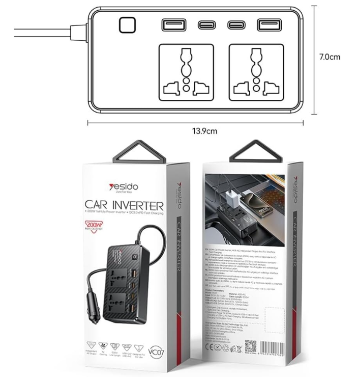 Yesido VC07 CAR INVERTER• 200W Vehicle Power Inverter QC3.0+PD Fast Charging
