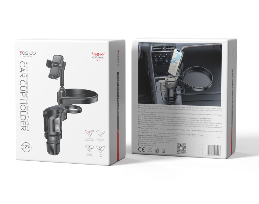 Yesido C274 4 in 1 Car Multi-function Tray Water Cup Phone Holder (Black)