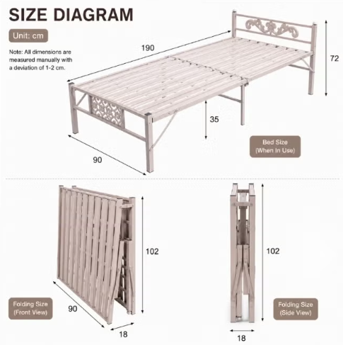 ABX HOME Foldable Single Metal Bed – Space-Saving Portable Guest Bed with Headboard (190X90 CM)