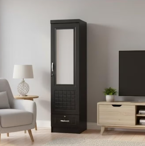 Turin Single door wardrobe with Mirror hanger and shelf with lockable drawer and door (Without Assembly)