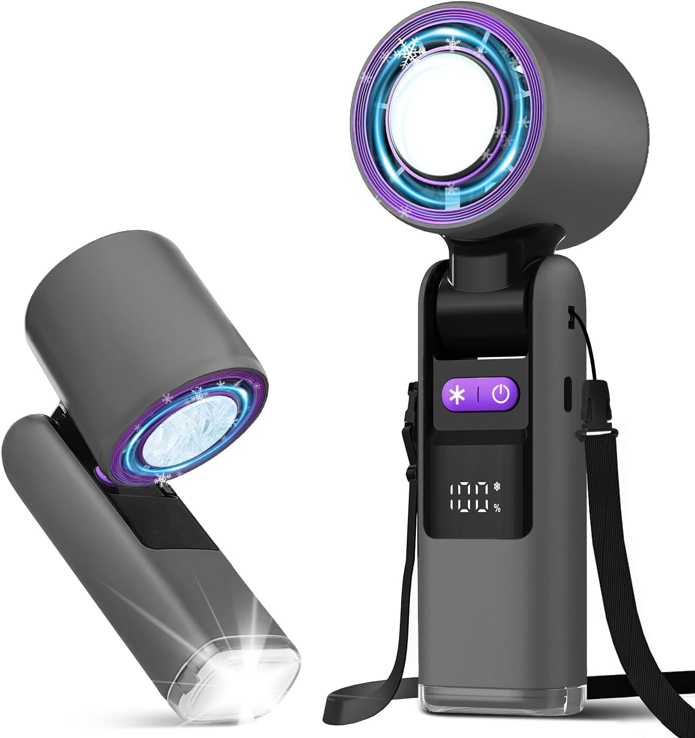 Ice Cooling Handheld Turbine Fan – Rechargeable Foldable Personal Fan with 100-Speed Control, LED Digital Display & Light for Travel & Outdoor (Grey)