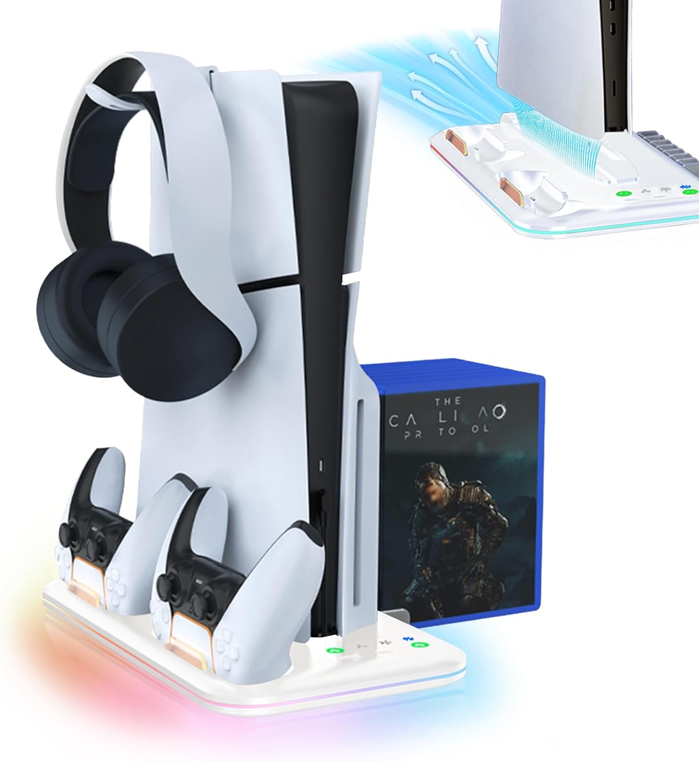 PS5 / Slim / Pro Vertical Cooling Stand with Dual Controller Charging Dock, LED Light & Game Disc Storage – PlayStation 5 Accessories Kit (White)