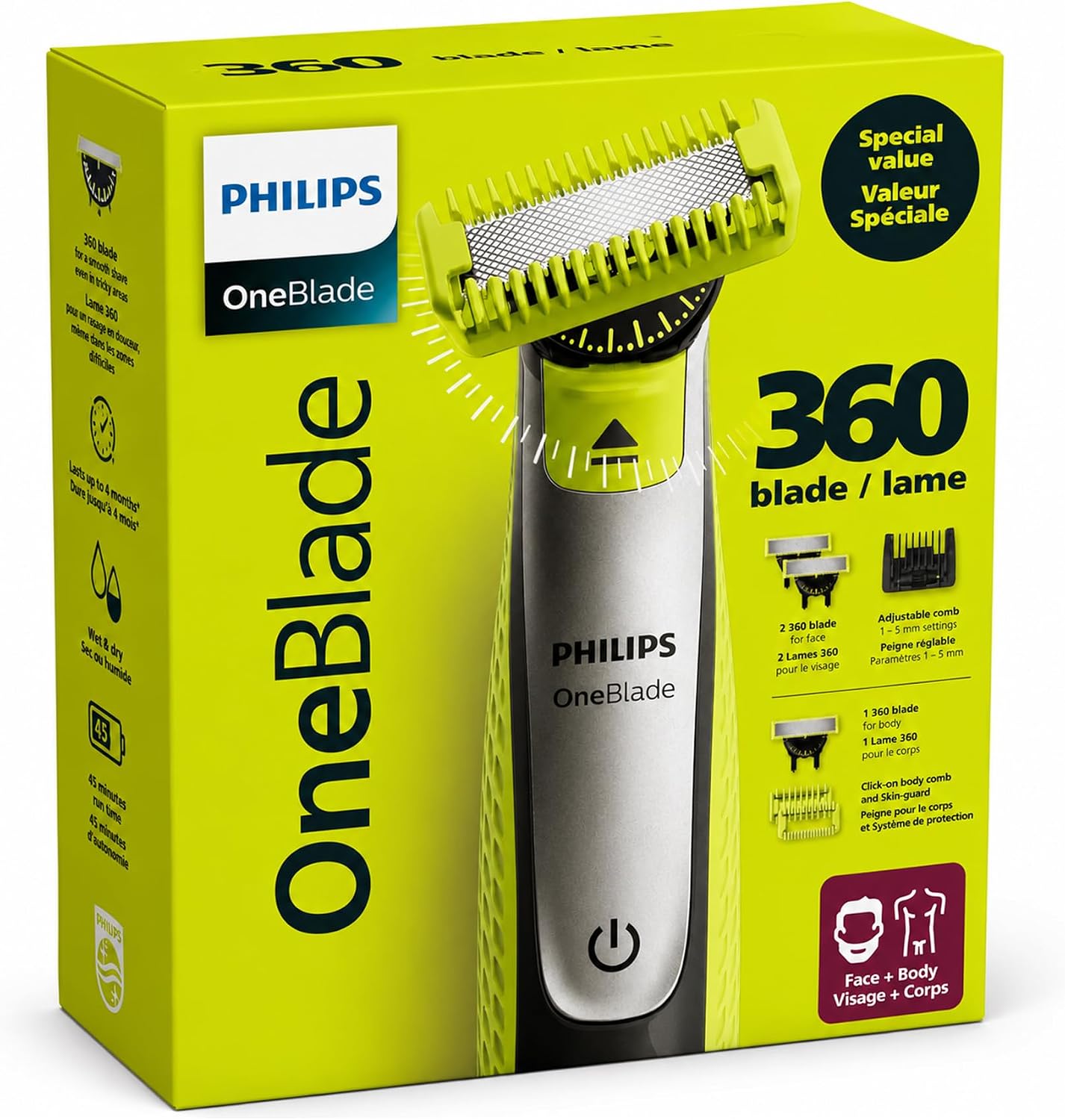 Philips OneBlade 360 Pro Kit – Hybrid Face & Body Trimmer & Shaver with 3 Blades & 4 Guards (QP2834/65)
