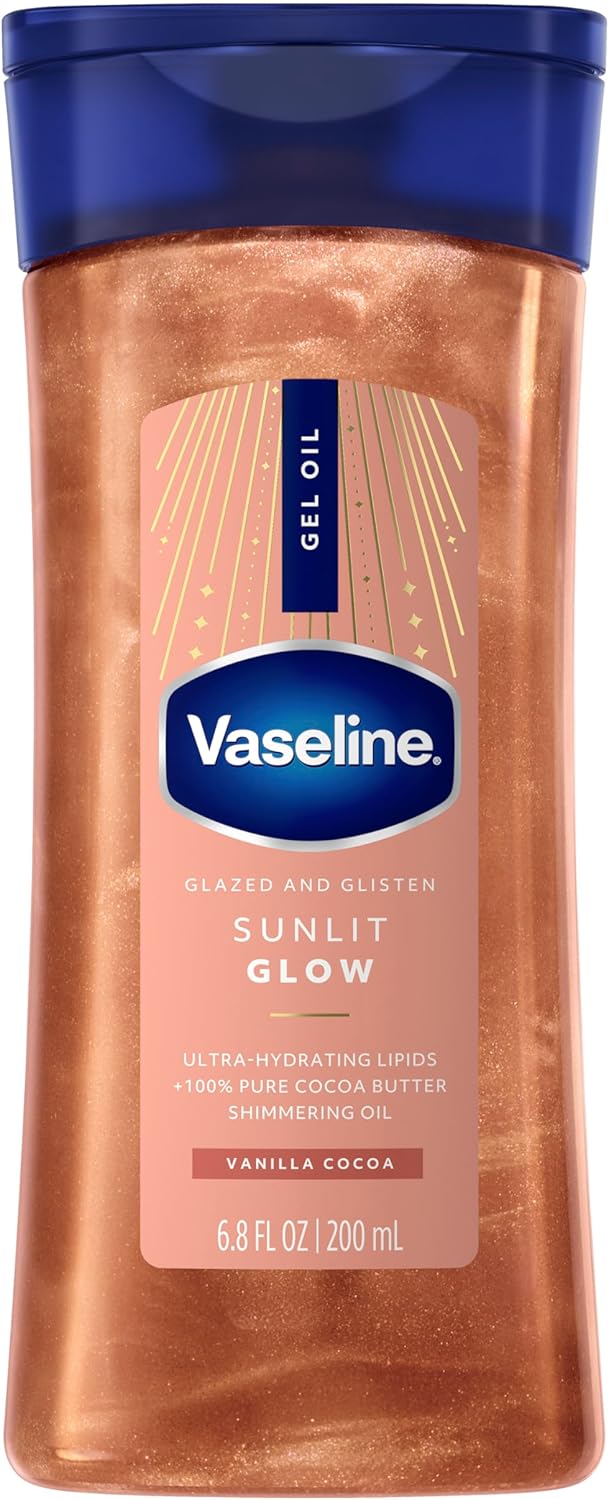 Vaseline Glazed and Glisten Sunlit Glow Body Gel Oil Vanilla Cocoa Shimmering with Ultra-Hydrating Lipids and 100% Pure Cocoa Butter, 6.8 Oz