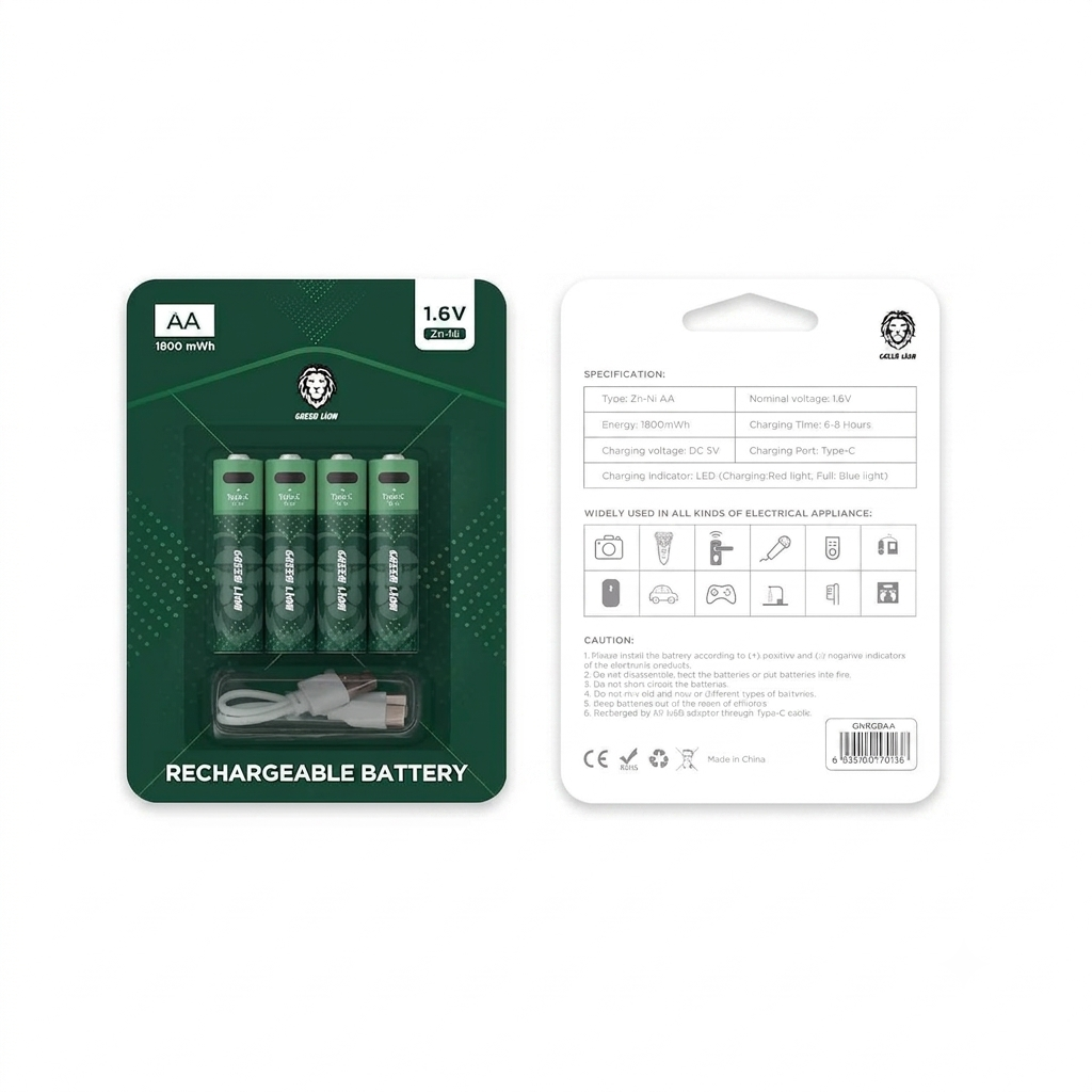 Green Lion Rechargeable AA Batteries 1800mWh 1.6V with Type-C Charging Cable, 4-Pack - Green