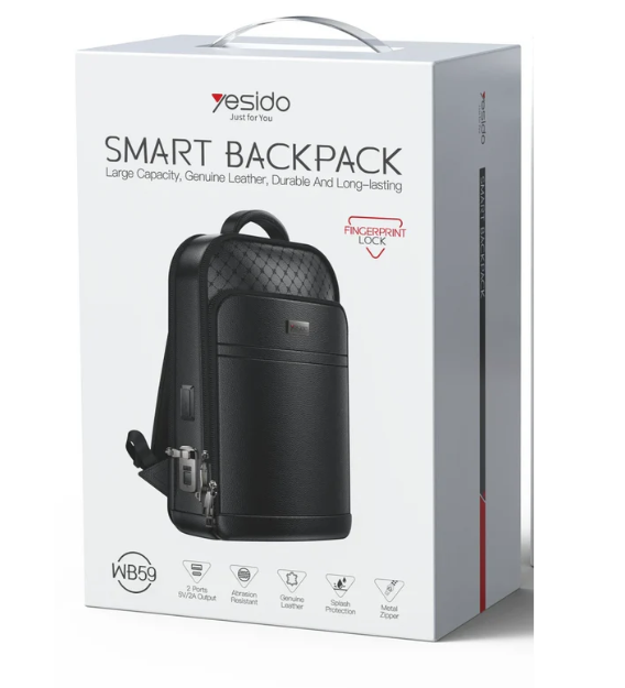 Yesido WB59 Leather Smart Backpack with Fingerprint Lock Security - Black