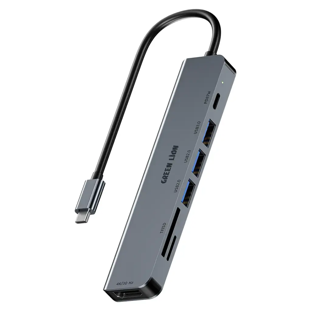 Green Lion 7-in-1 USB-C Hub with 4K HDMI, 87W PD Charging, SD/TF Card Reader & USB 3.0 - Gray